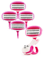 Set of pink and white razors with visible blades on a white background