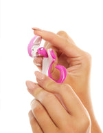 Hand holding pink razor against a white background