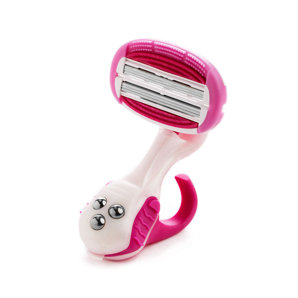 Pink and white women's razor on a white background