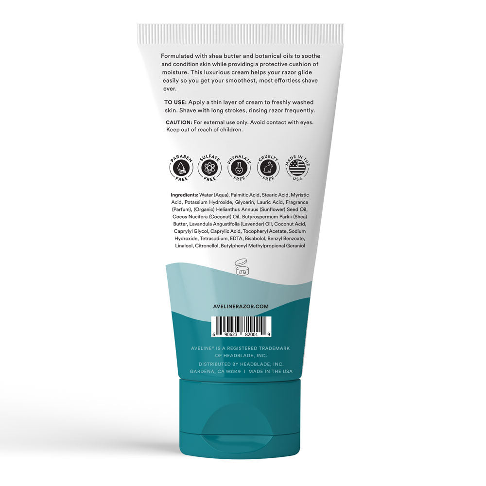 Back view of a blue and white tube with text and branding on a white background